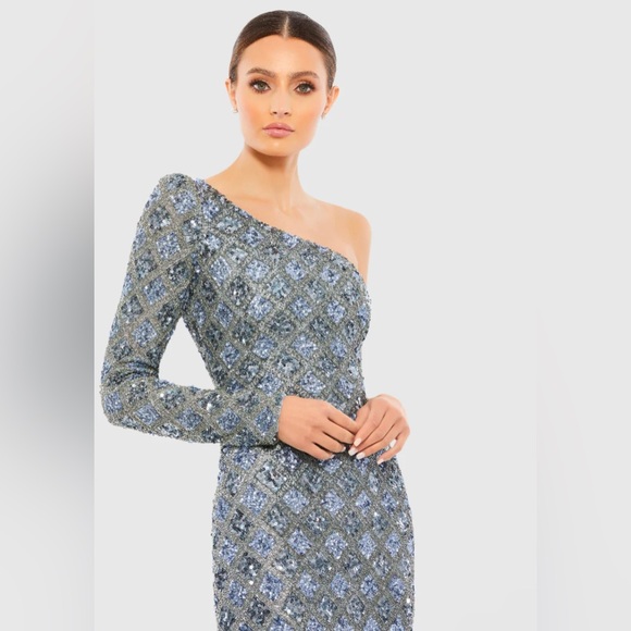 NWT Mac Duggal Sz 6 5479 Embellished One Shoulder Asymmetrical Gown Slate $798 - Picture 3 of 17